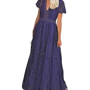 NWOT Women's Plum Colored Short Sleeve Soft & Lined Lace Maxi Dress Boho Chic M